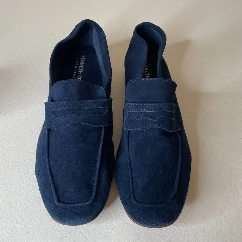 Kenneth Cole Dean Navy Unlined Suede Flexible Penny Loafer Flats Size 6